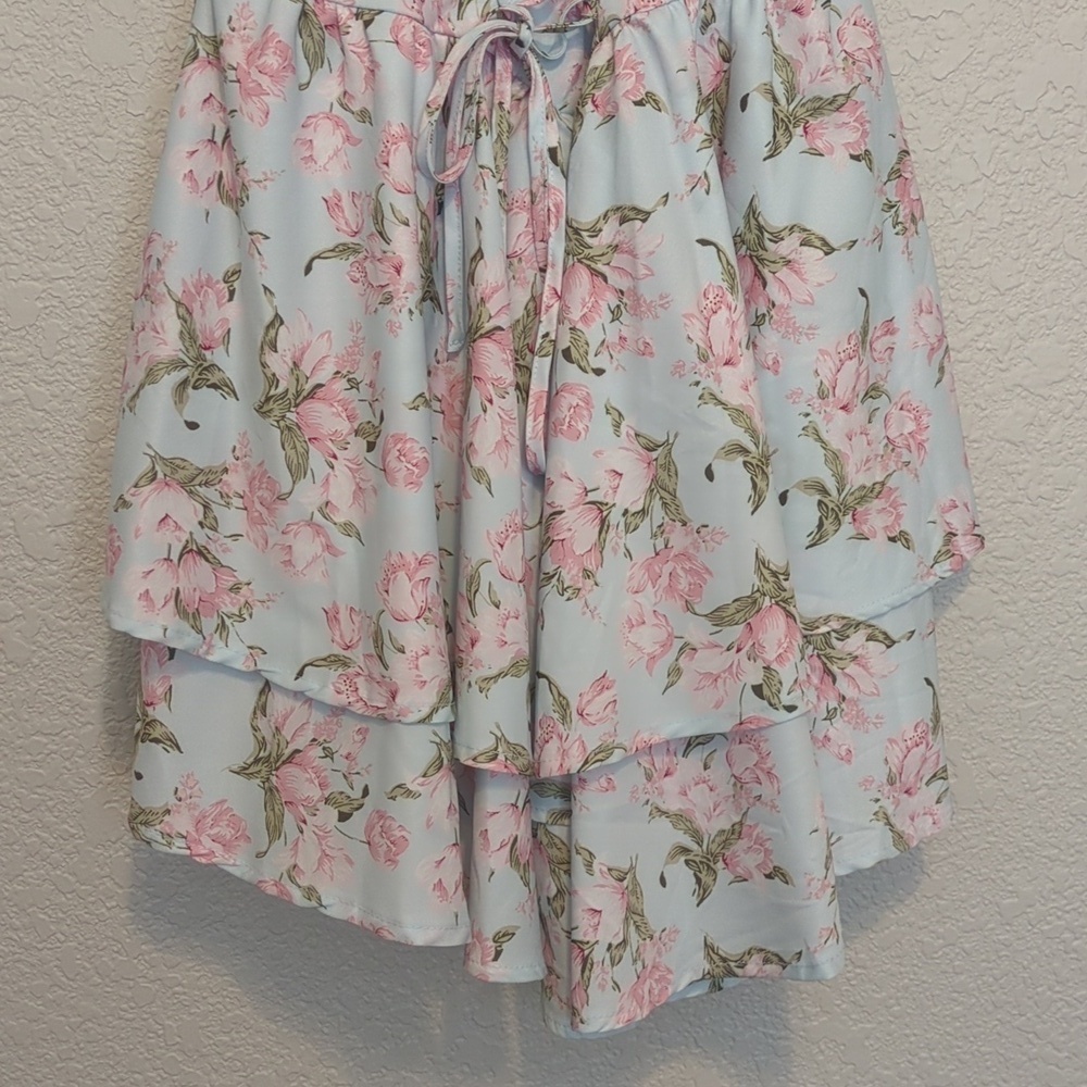 Shein MOD light blue pink ditsy floral lace up strapless mini dress - Picture 6 of 12
